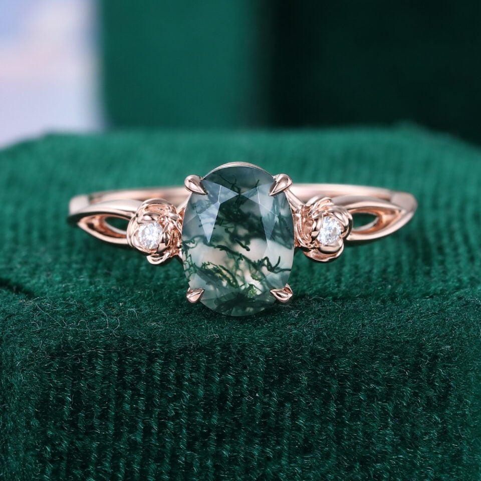 Oval Cut Moss Agate Three Stone Engagement Ring With Rose Accents