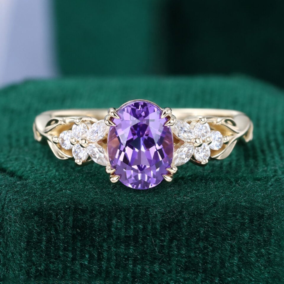 Oval Cut Purple Sapphire Leaf Engagement Ring With Blossom Cluster Accents
