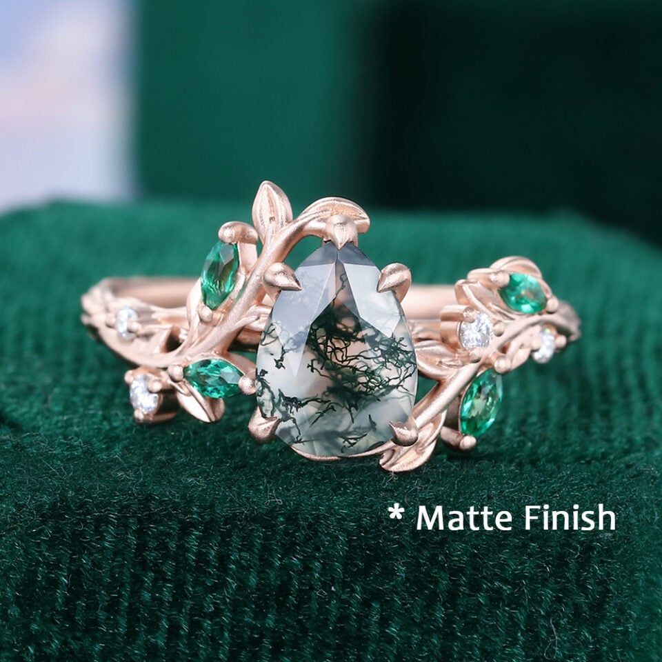 Nature Inspired Pear Cut Moss Agate Engagement Ring With Leaf Accents