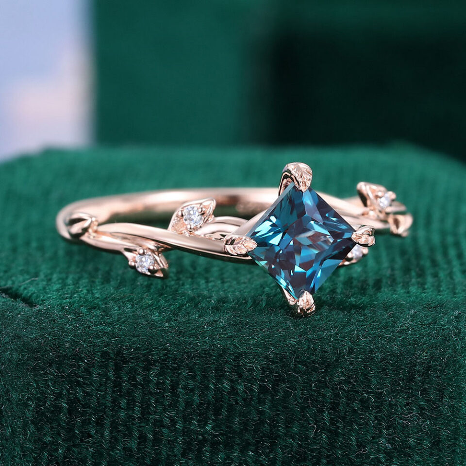 Princess Cut Alexandrite Leaf Engagement Ring With Unique Twisted Shank (2)