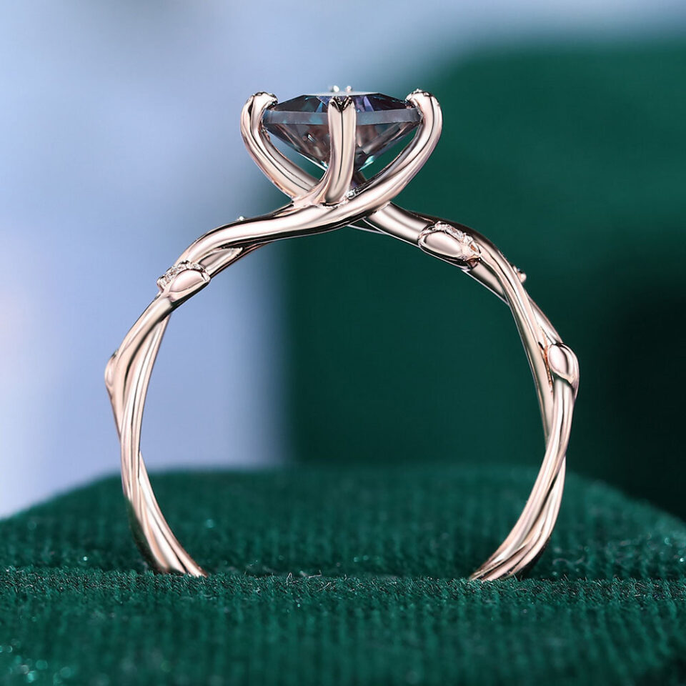 Princess Cut Alexandrite Leaf Engagement Ring With Unique Twisted Shank (7)