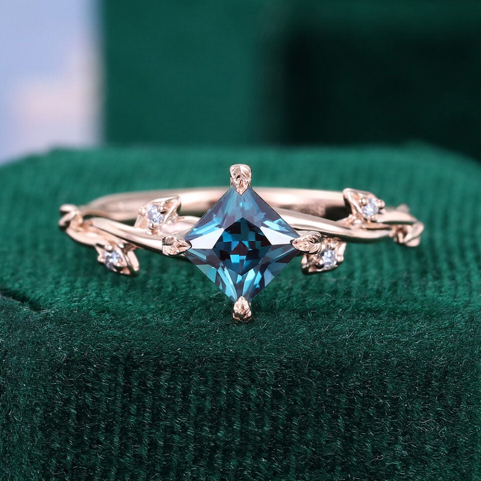 Nature Inspired Princess Cut Alexandrite Engagement Ring With Leaf Prong
