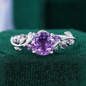LeafLace | Round Cut Amethyst Engagement Ring Nature Themed Promise Ring
