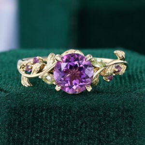 LeafLace | Round Cut Amethyst Nature Inspired Engagement Ring For Her