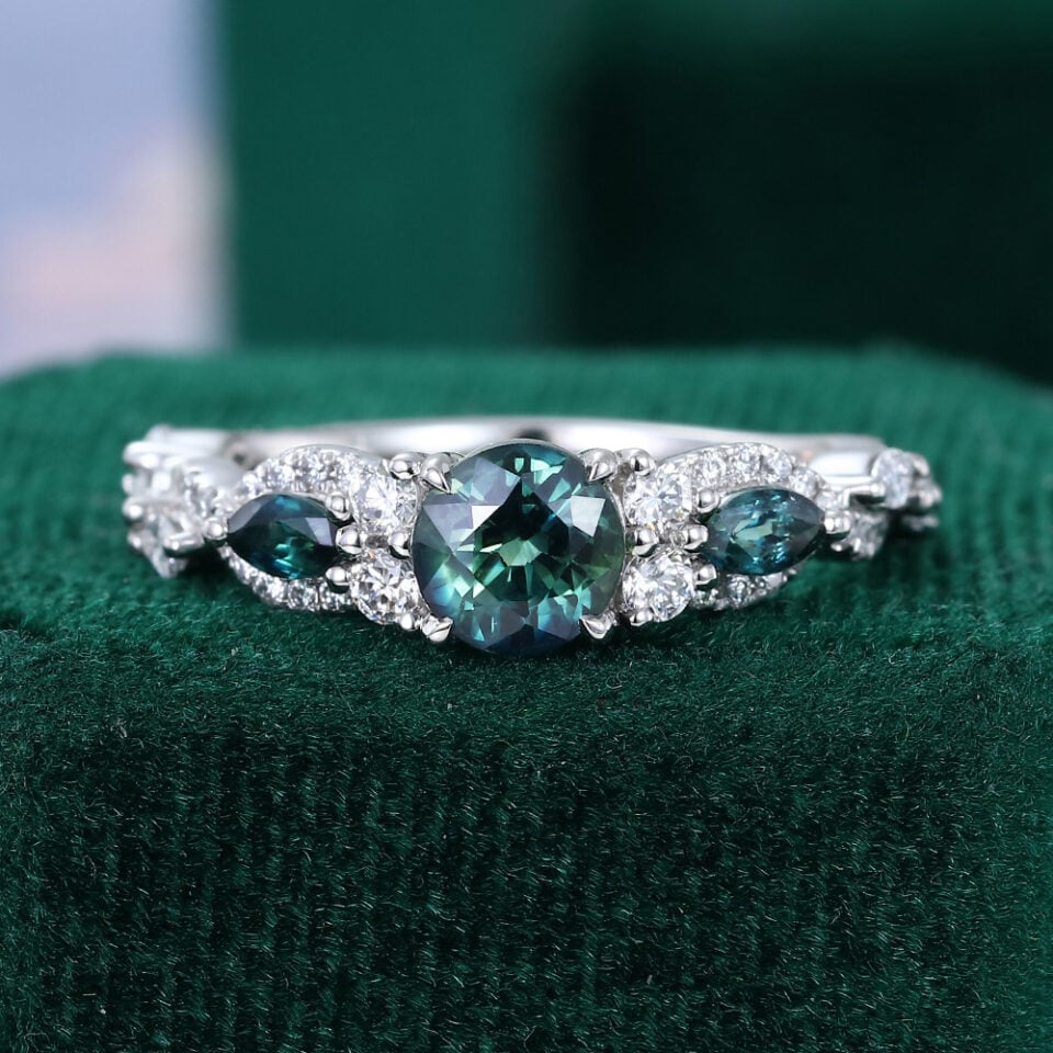 Round Cut Green Blue Sapphire Engagement Ring With Unique Twisted Shank