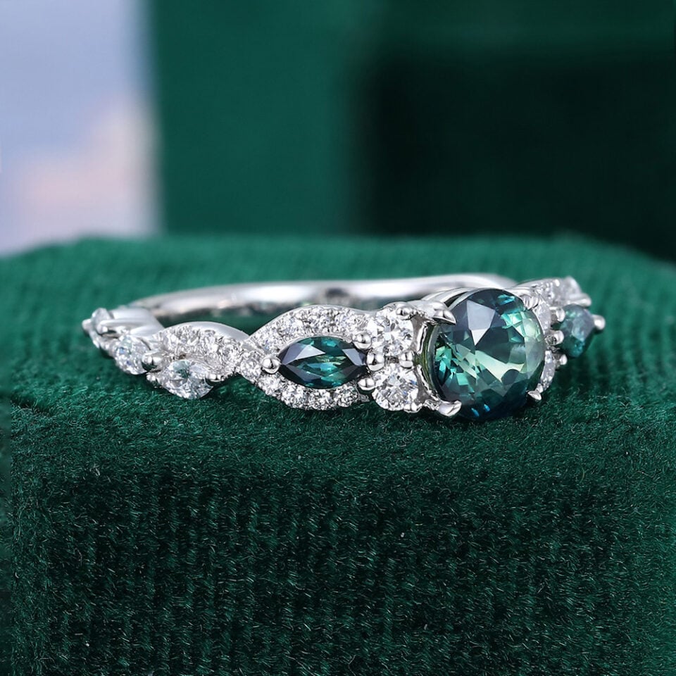 Round Cut Green Blue Sapphire Engagement Ring With Unique Twisted Shank (7)