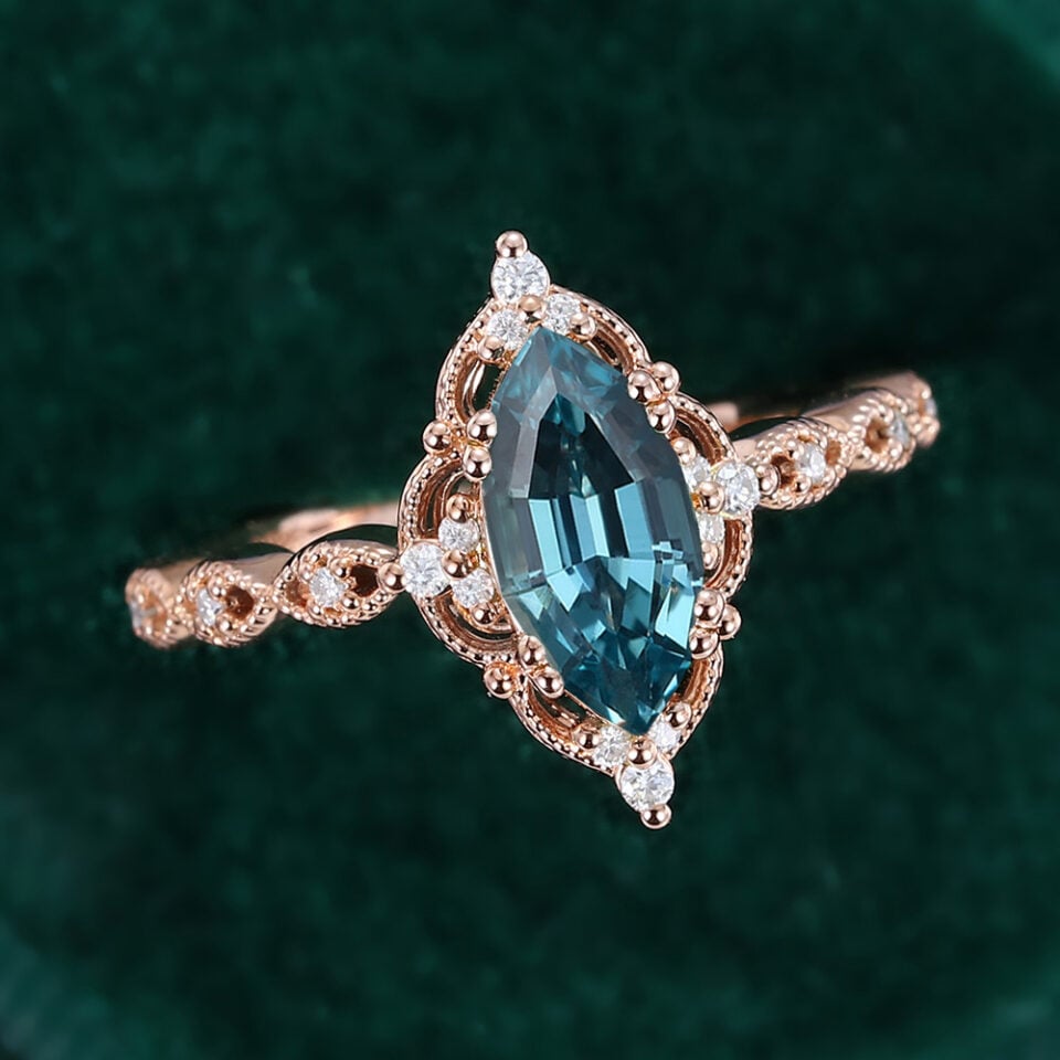 Step Marquise Cut Lab Teal Sapphire Engagement Ring With Vintage Milgrain Band (12)