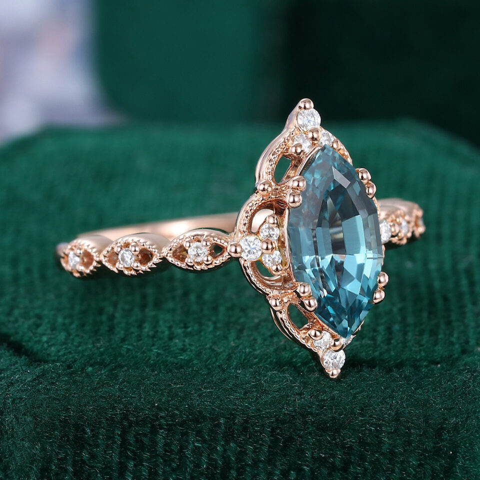 Step Marquise Cut Lab Teal Sapphire Engagement Ring With Vintage Milgrain Band (8)