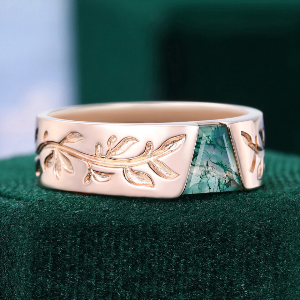 Trapezoid Moss Agate Leaf-Etched Gender Neutral Wedding Band (2)