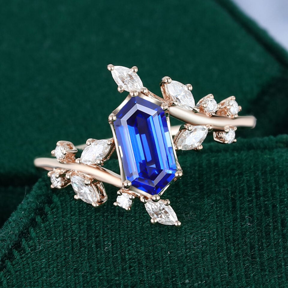 TwigLine Long Hexagon Cut Sapphire Engagement Ring With Unique Bypass Shank (10)