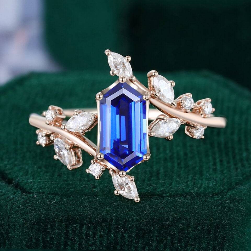 TwigLine | Long Hexagon Cut Sapphire Engagement Ring With Unique Bypass Shank
