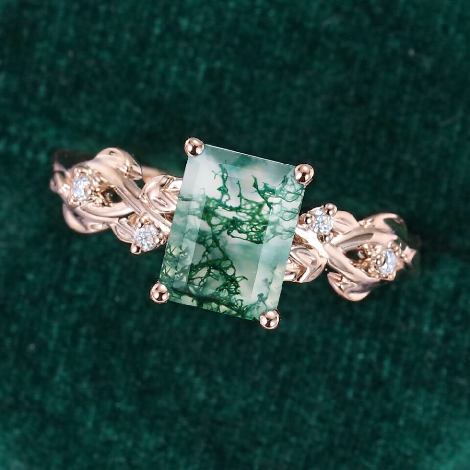 Unique Emerald Cut Moss Agate Leafy Engagement Ring (5)