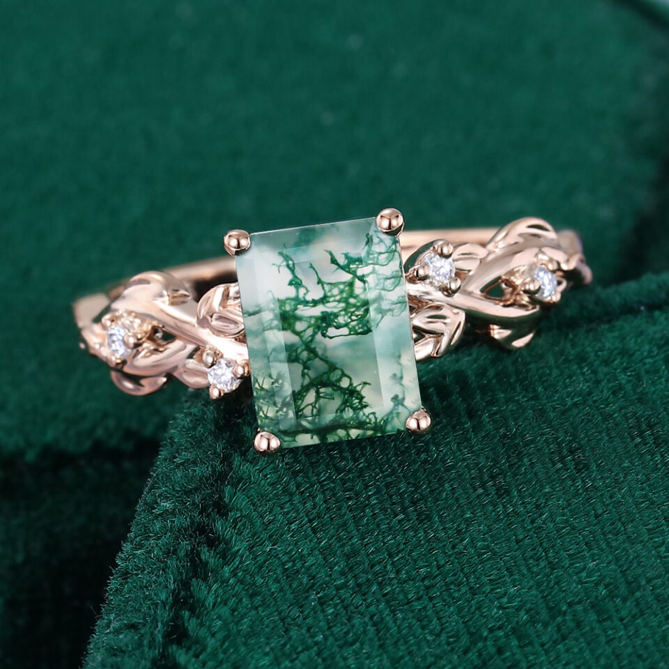 Unique Emerald Cut Moss Agate Leafy Engagement Ring (6)