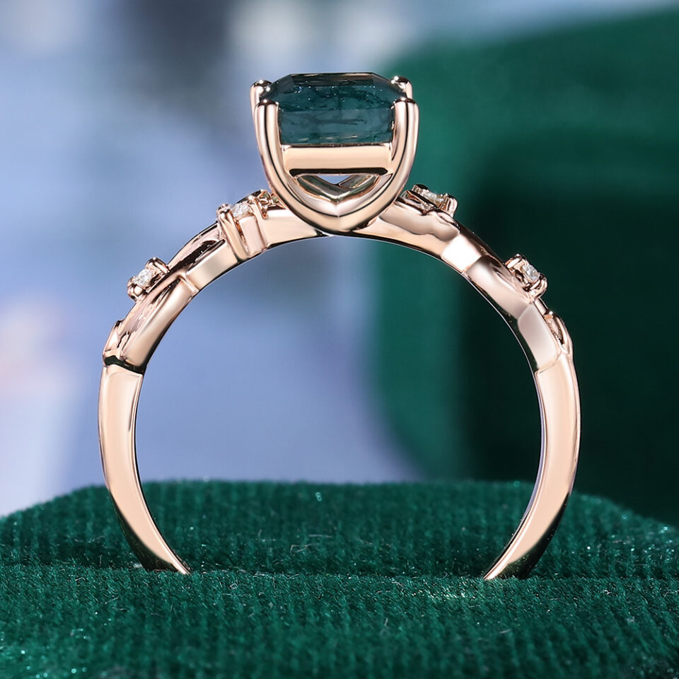 Unique Emerald Cut Moss Agate Leafy Engagement Ring (7)