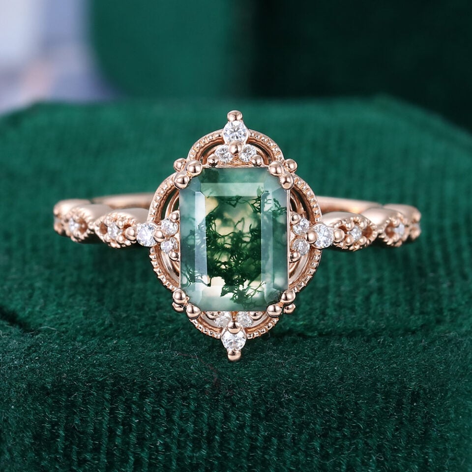 Filigree Floral Halo | Vintage Emerald Cut Moss Agate Engagement Ring With Milgrain Accents