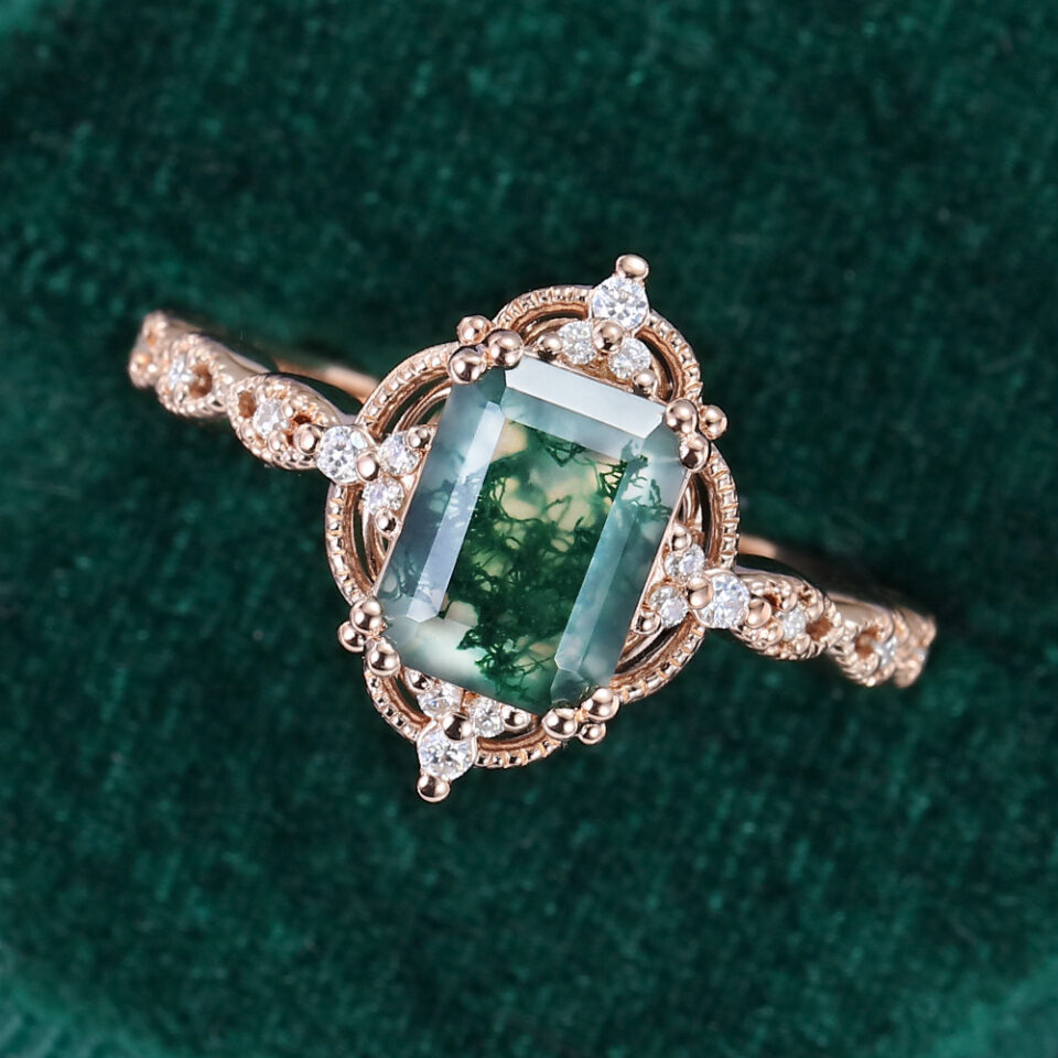 Vintage Emerald Cut Moss Agate Engagement Ring With Milgrain Accents (5)