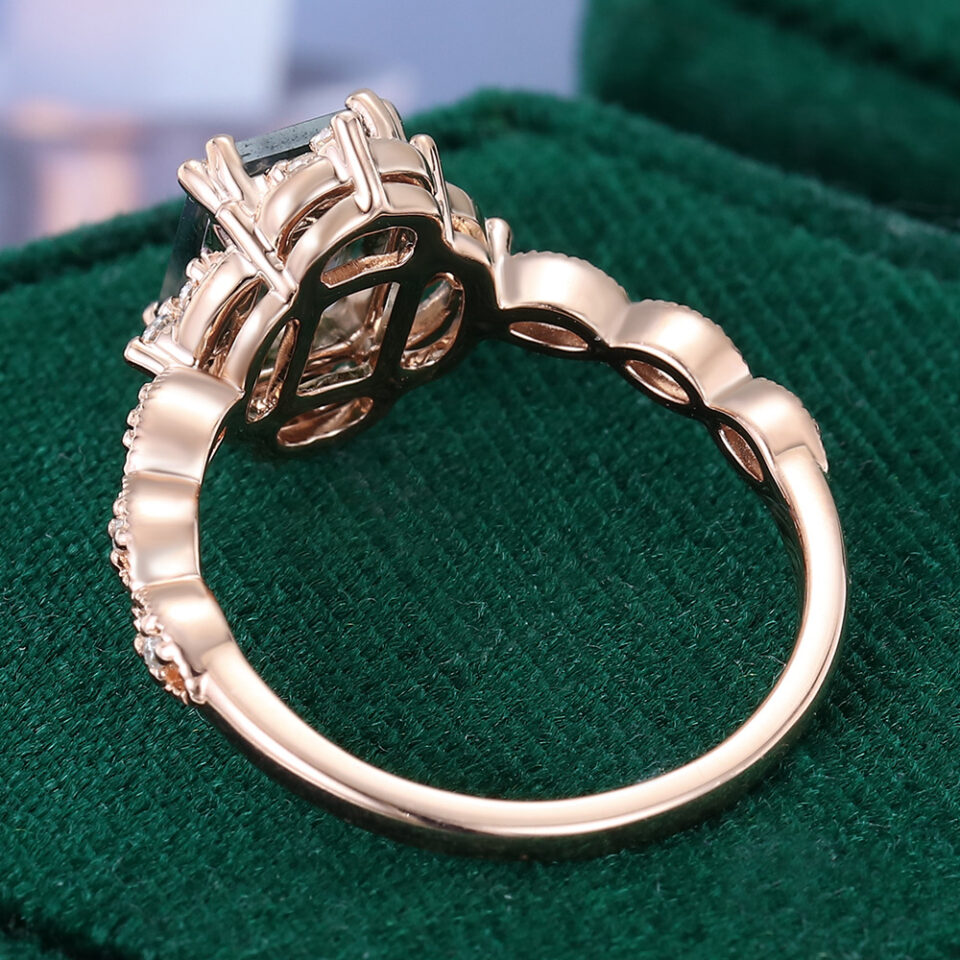 Vintage Emerald Cut Moss Agate Engagement Ring With Milgrain Accents (8)