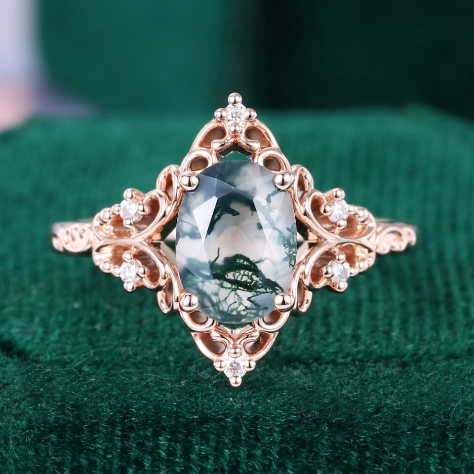 Vintage Inspired Oval Cut Moss Agate Filigree Halo Engagement Ring
