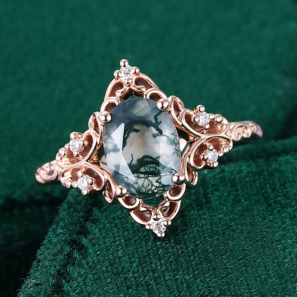 Vintage Inspired Oval Cut Moss Agate Filigree Halo Engagement Ring