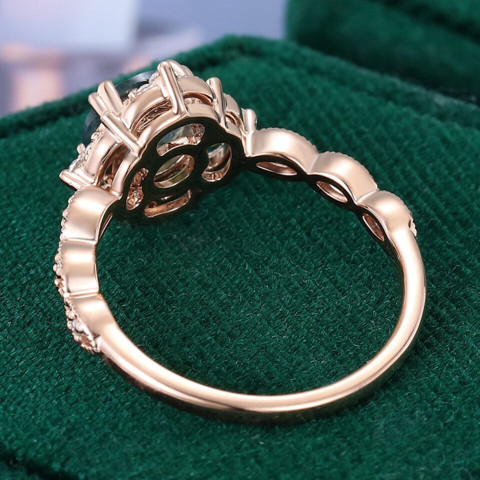 Vintage Inspired Round Cut Moss Agate Engagement Ring With Milgrain Accents (6)