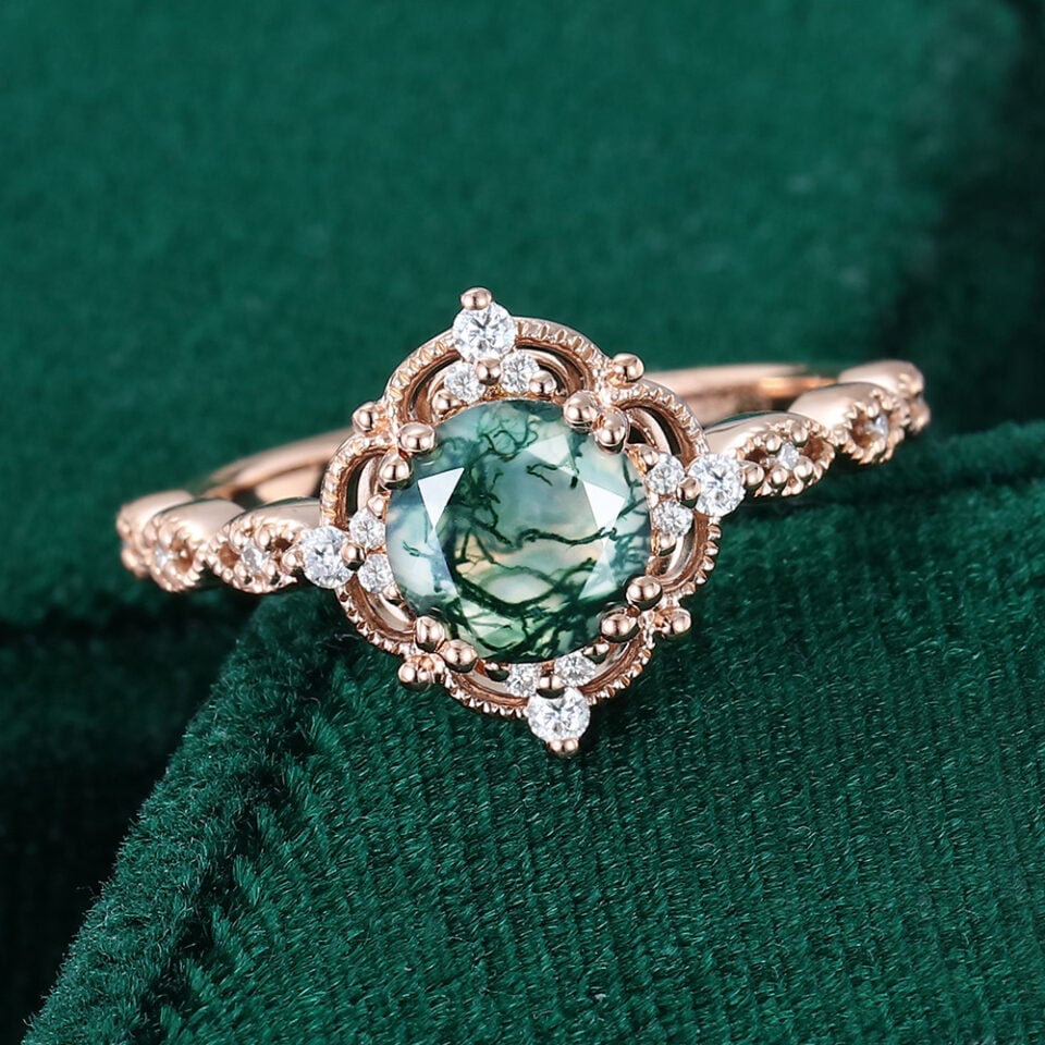 Vintage Inspired Round Cut Moss Agate Engagement Ring With Milgrain Accents (7)