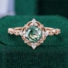 Vintage Inspired Round Cut Moss Agate Engagement Ring With Milgrain Accents