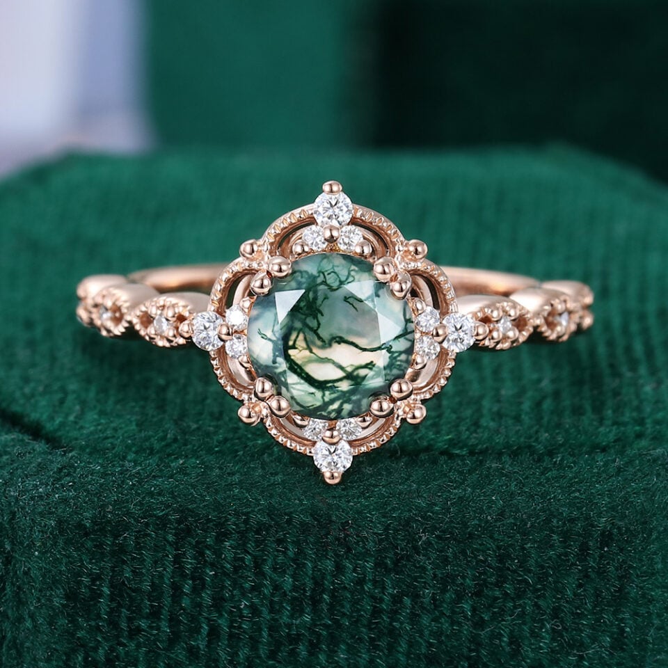 Filigree Floral Halo | Vintage Inspired Round Cut Moss Agate Engagement Ring With Milgrain Accents