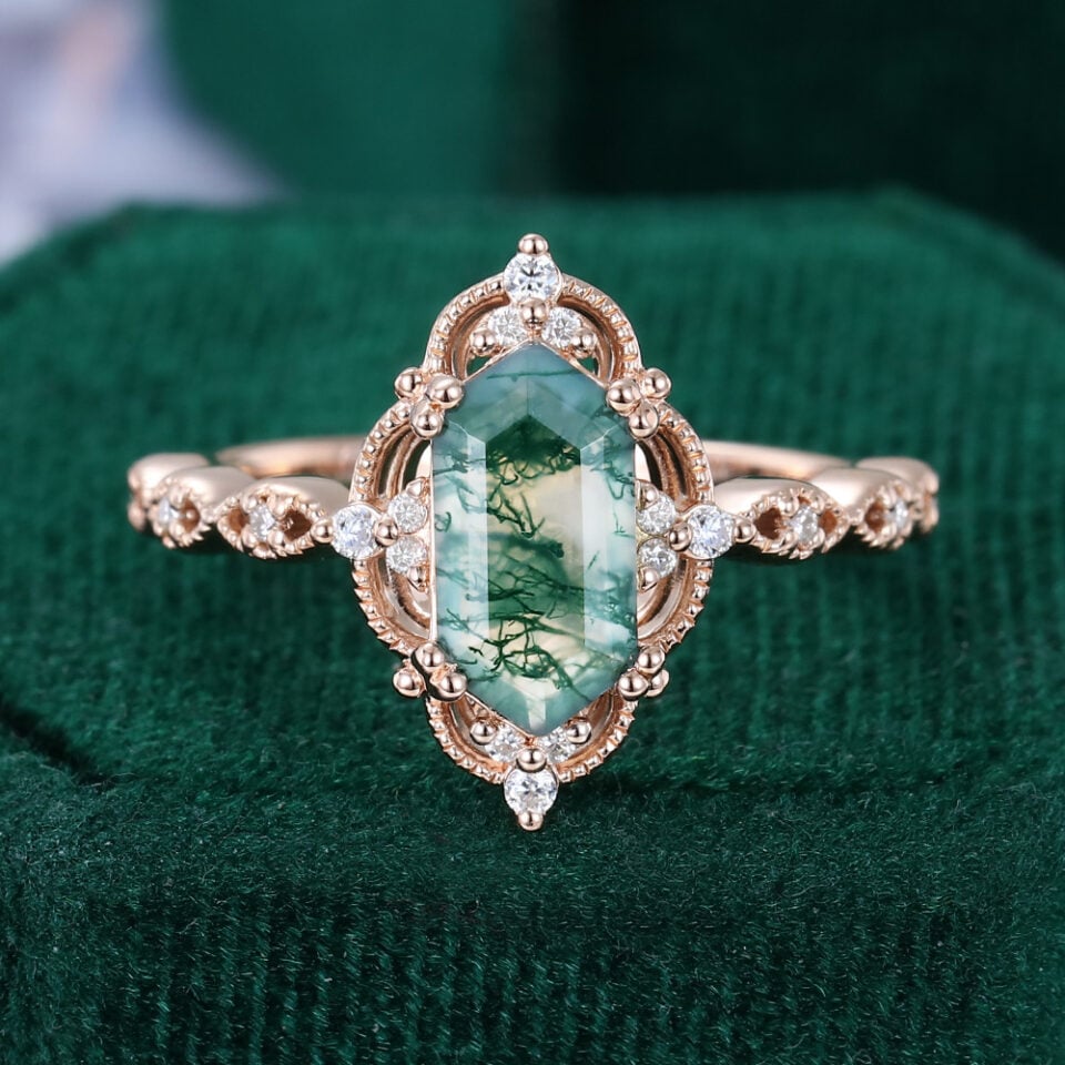 Filigree Floral Halo | Vintage Long Hexagon Cut Moss Agate Beaded Engagement Ring