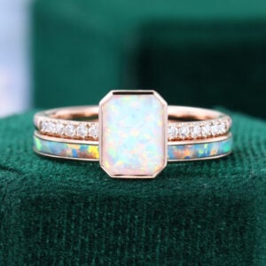 2PCS Minimalist Bezel Set Lab Opal Pave Engagement Ring Set