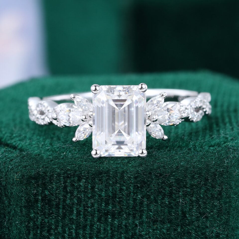 Emerald Cut Moissanite Cluster Engagement Ring With Twisted Pavé Shank