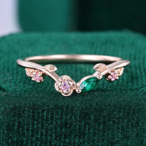 Floral Inspired Emerald & Pink Sapphire Curved Wedding Band With Rose Accents