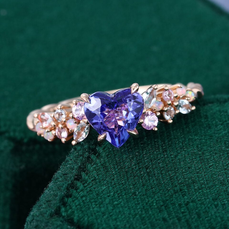 Heart Shaped Tanzanite Cluster Engagement Ring with Twisted Band 