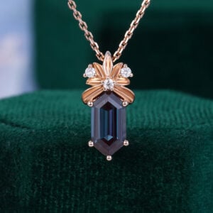Long Hexagon Cut Alexandrite Pendant Necklace With Floral Diamond Accents
