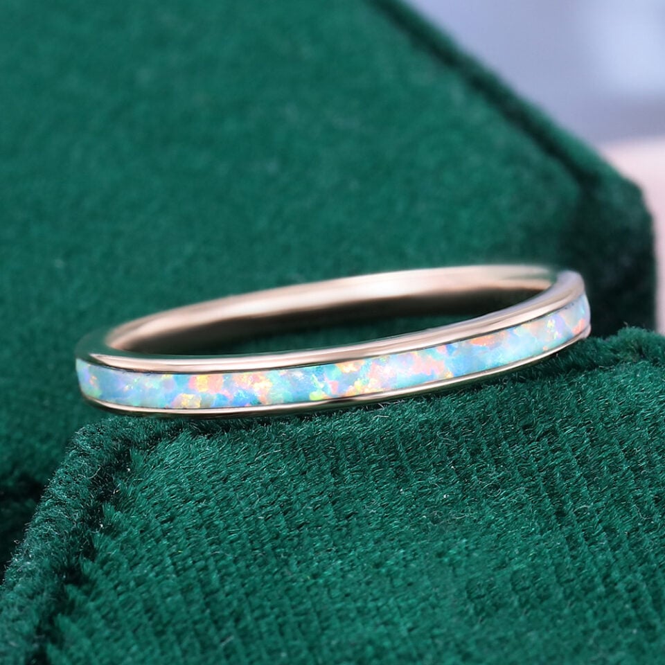 Minimalist Inlay Set Lab Opal Ring Simple Stacking Band