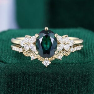 Oval Cut Green Blue Sapphire Bridal Ring Set 2PCS Nature Inspired Engagement Ring Set