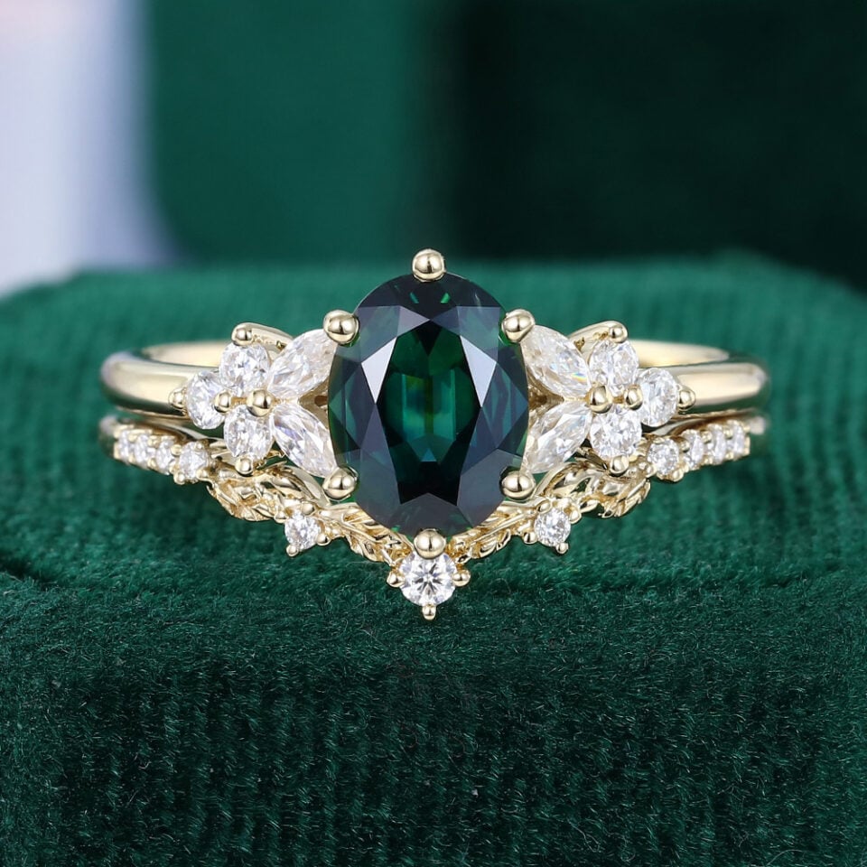 Oval Cut Green Blue Sapphire Cluster Bridal Ring Set 2PCS Nature Inspired Engagement Ring Set