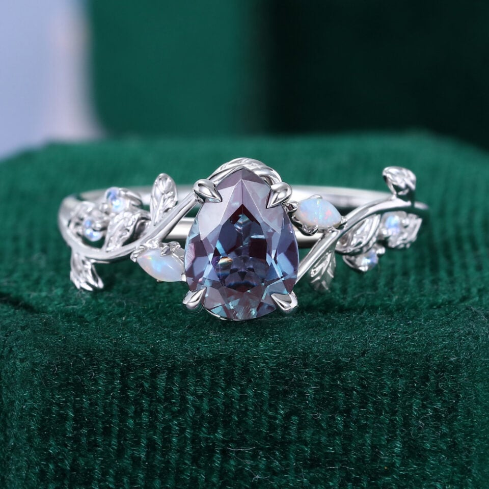 Pear Cut Alexandrite Engagement Ring With Moonstone & Opal Accents