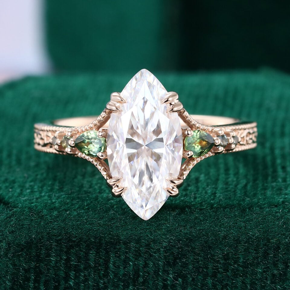Vintage Inspired Marquise Cut Moissanite Engagement Ring with Teal Sapphire Accents