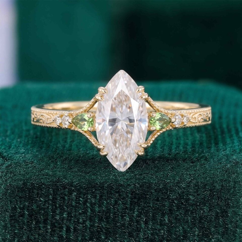 Vintage Inspired Marquise Cut Moissanite Engagement Ring with Teal Sapphire Accents