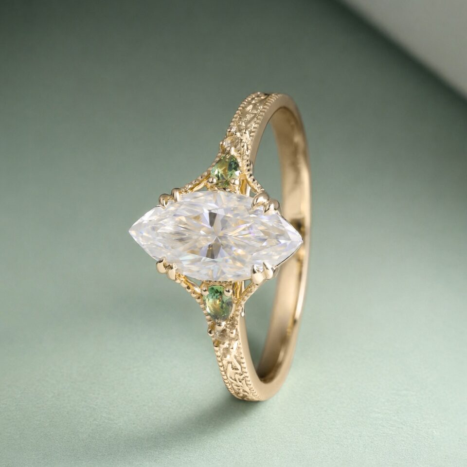 Vintage Inspired Marquise Cut Moissanite Engagement Ring with Teal Sapphire Accents (5)