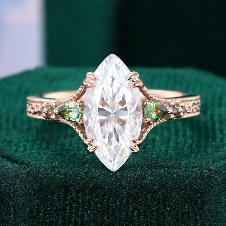 Vintage Inspired Marquise Cut Moissanite Engagement Ring with Teal Sapphire Accents