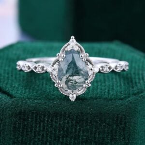 Vintage Pear Shaped Moss agate Beaded Engagement Ring