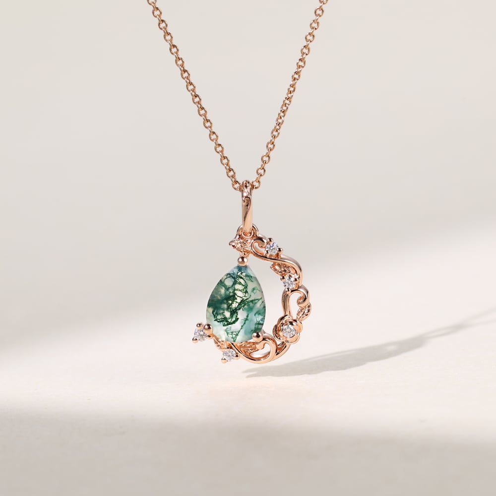 Crescent Vine Pear Cut Moss Agate Pendant Necklace | MollyJewelryUS