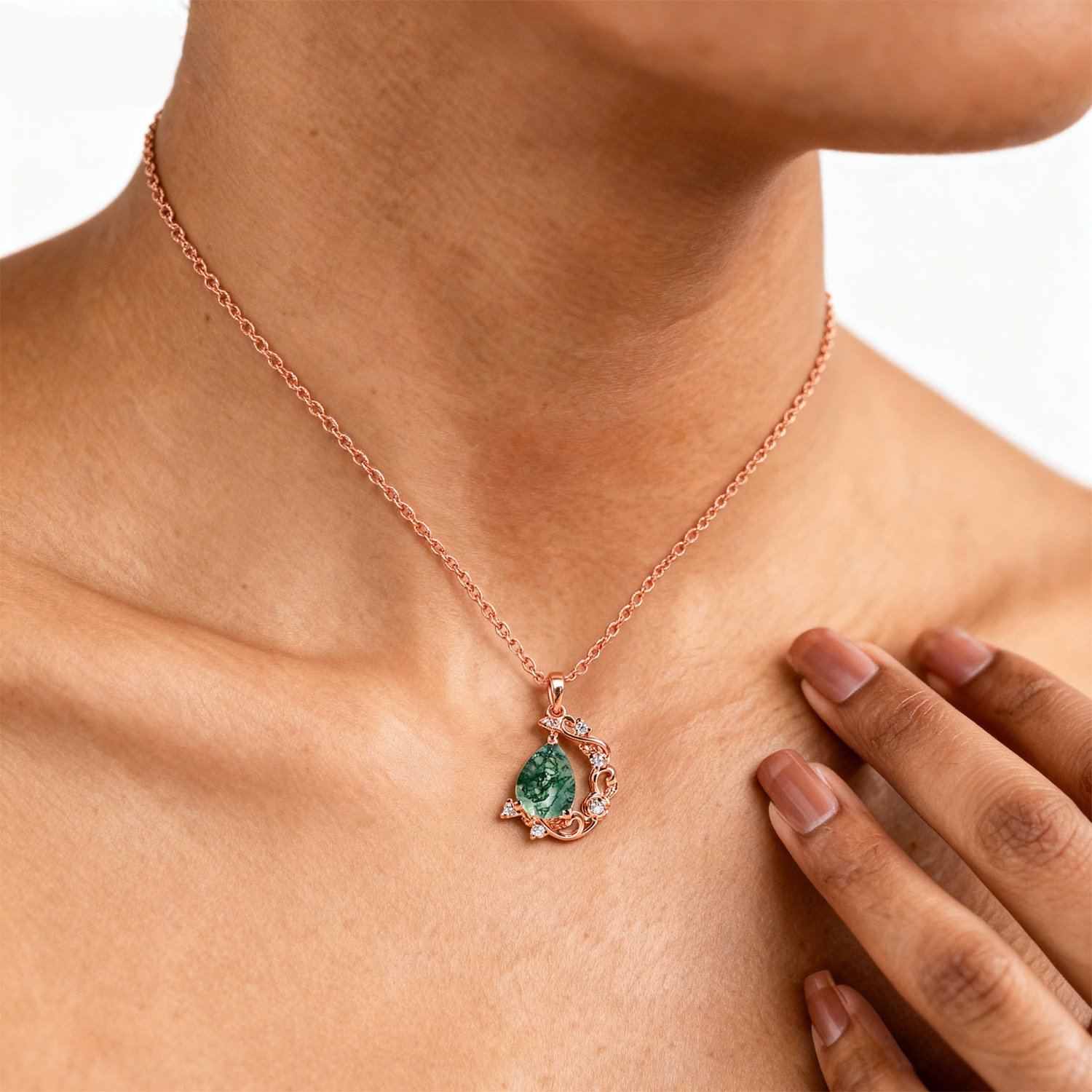 Crescent Vine Pear Cut Moss Agate Pendant Necklace | MollyJewelryUS