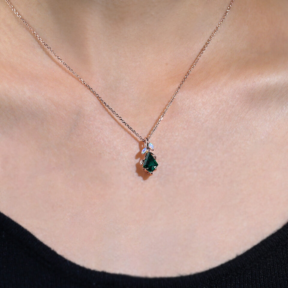 Kite Cut Emerald Leaf Pendant Necklace with Opal Accents Anniversary Gift For Women (3)