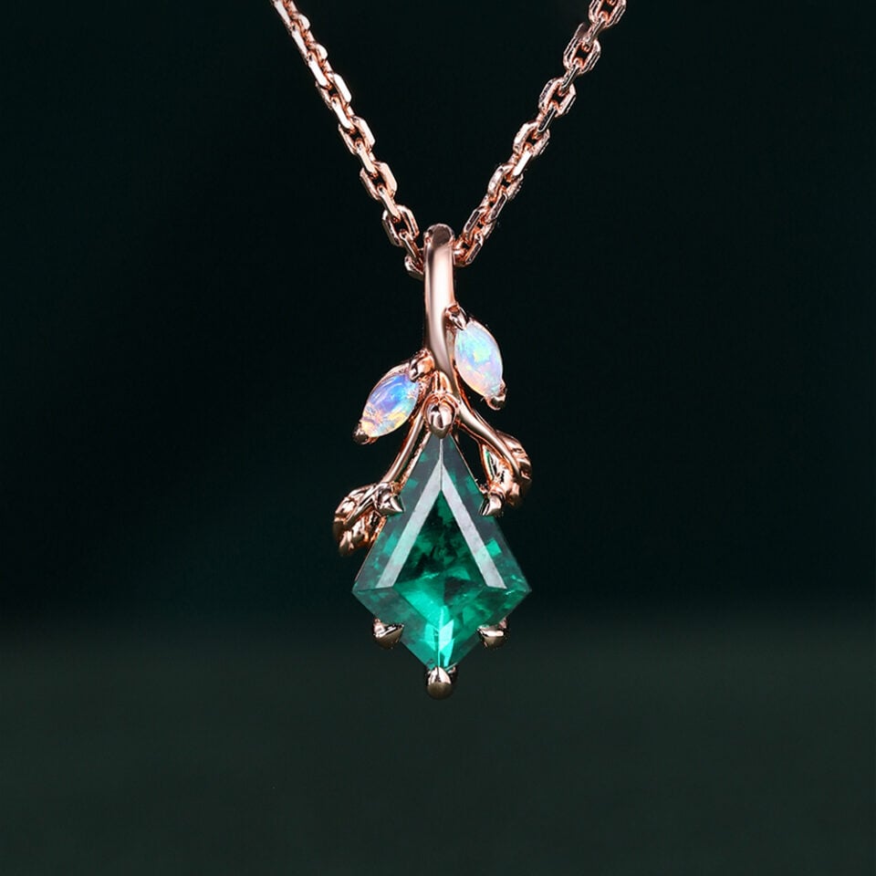 Kite Cut Emerald Leaf Pendant Necklace with Opal Accents Anniversary Gifts For Women