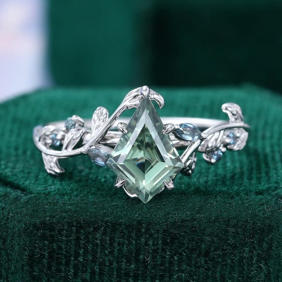 Nature Inspired Kite Cut Green Sapphire Engagement Ring with Alexandrite Accents