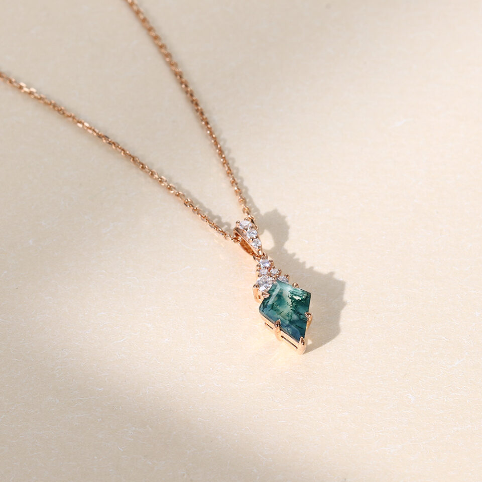 Kite Cut Moss Agate Pendant Necklace with Moissanite Cluster Accents (2)