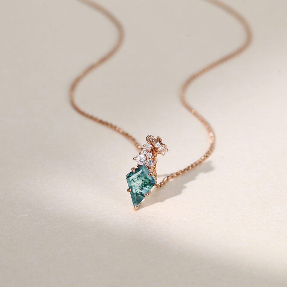 Kite Cut Moss Agate Pendant Necklace with Moissanite Cluster Accents (3)