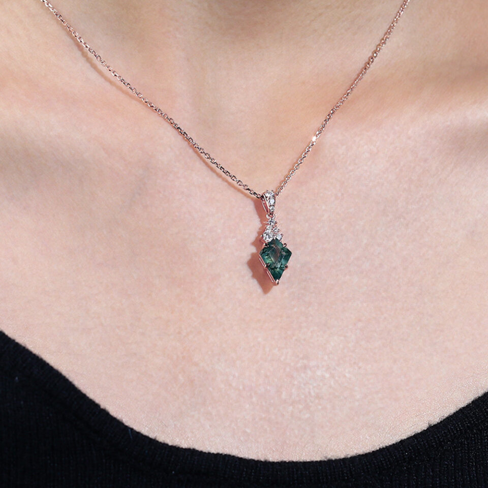 Kite Cut Moss Agate Pendant Necklace with Moissanite Cluster Accents (4)